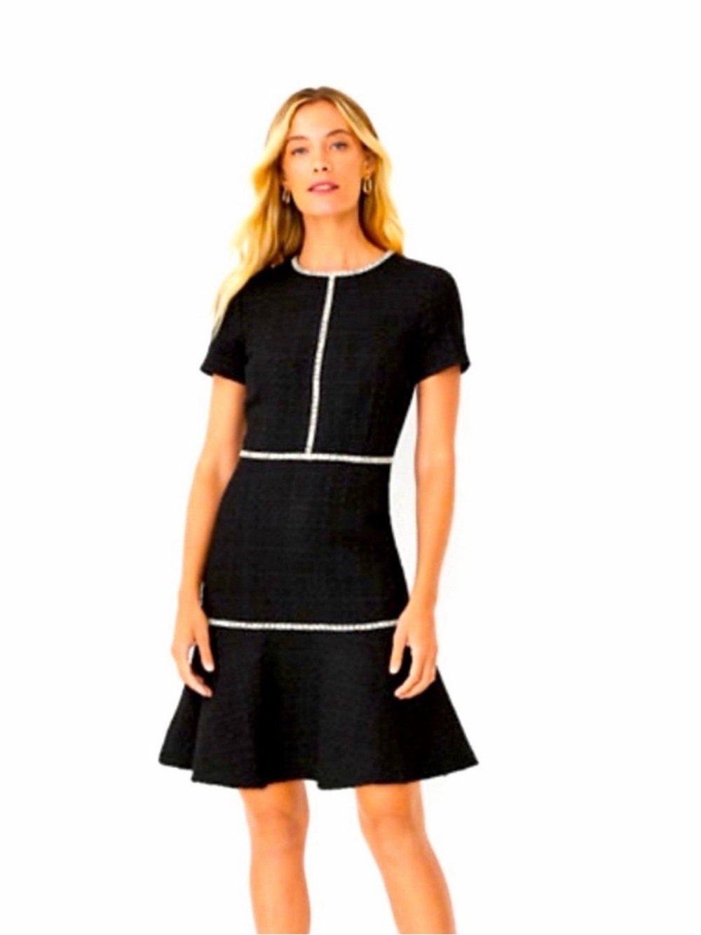 Ann Taylor - Black Short-Sleeve Tweed Fit & Flare Dress with White Trim - Size 8